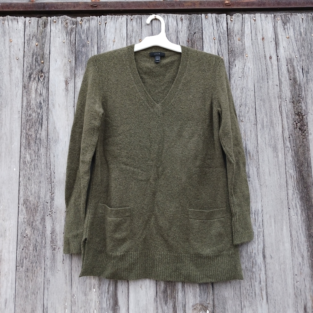 J. Crew‎ Sz XXS V-Neck Front-Pocket Forest Green Tunic Sweater in Supersoft Yarn